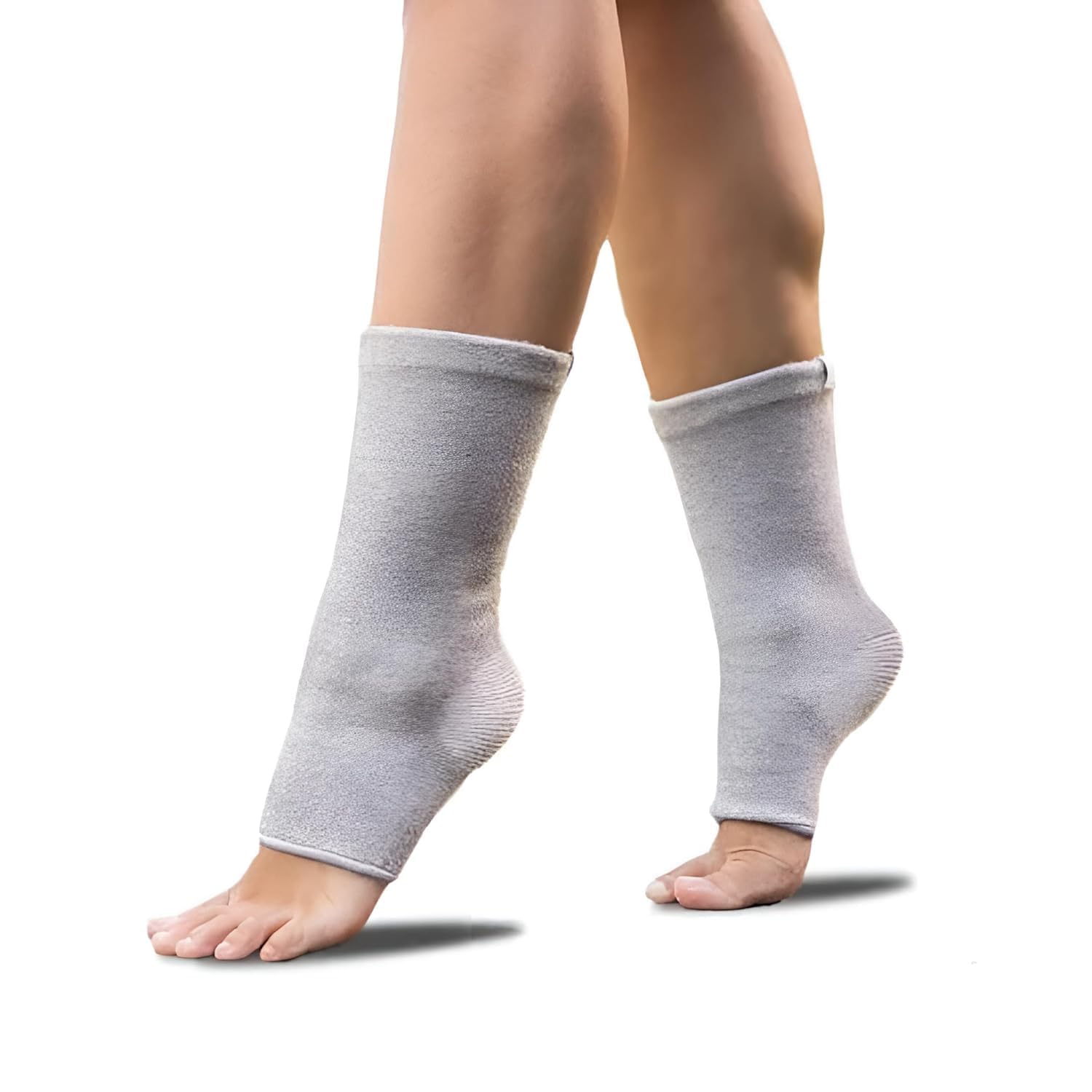 Grey ankle support socks worn on legs, footcare accessory from IndianChic ecommerce site