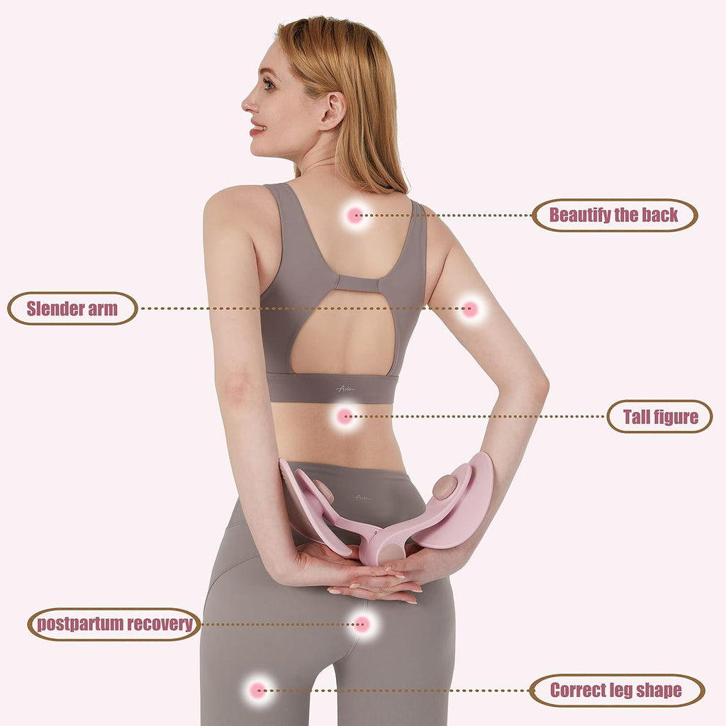Woman in activewear using pink fitness device for slender arms, back and leg shaping, IndianChic