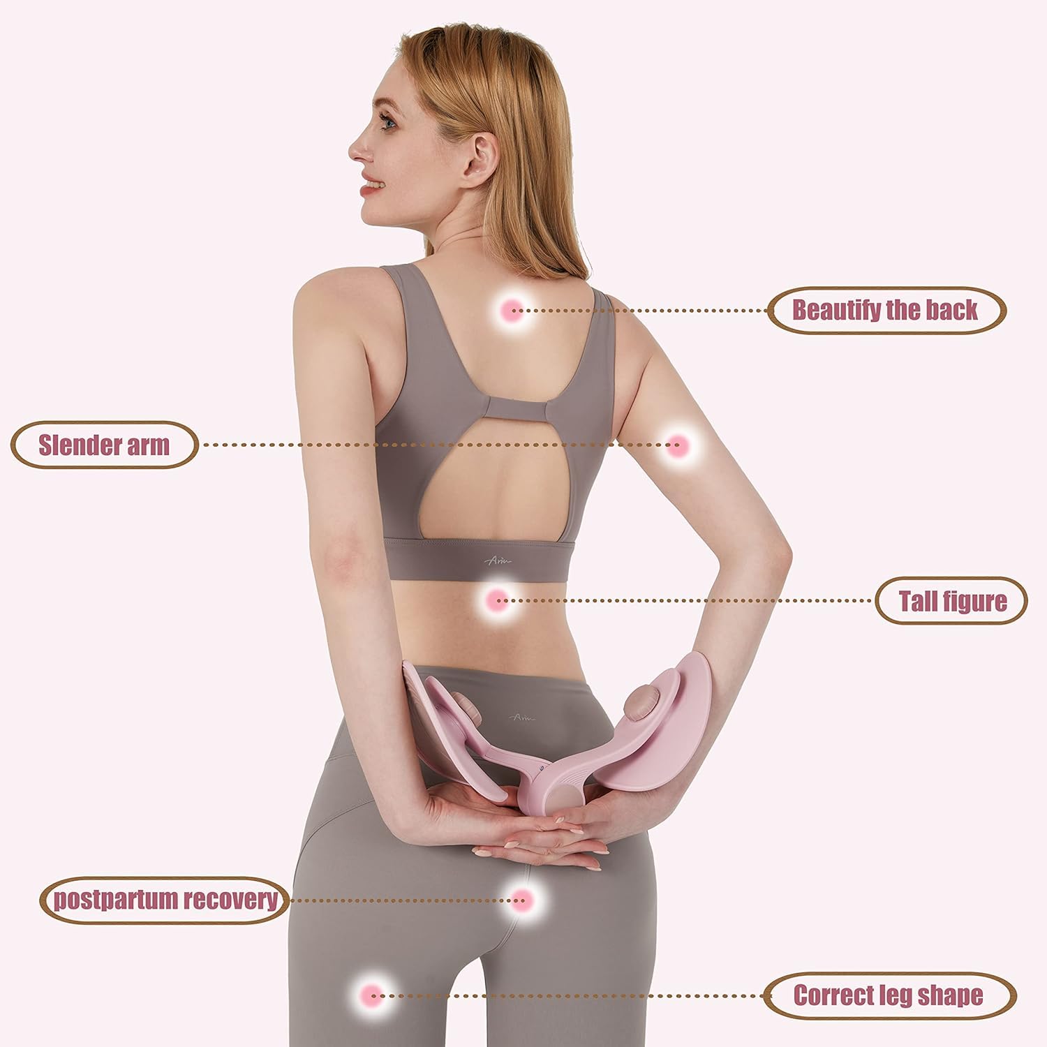 Woman in activewear using pink fitness device for slender arms, back and leg shaping, IndianChic