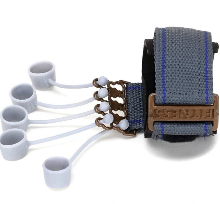 Adjustable grey finger exercise band with blue stitching, hand grip trainer from IndianChic