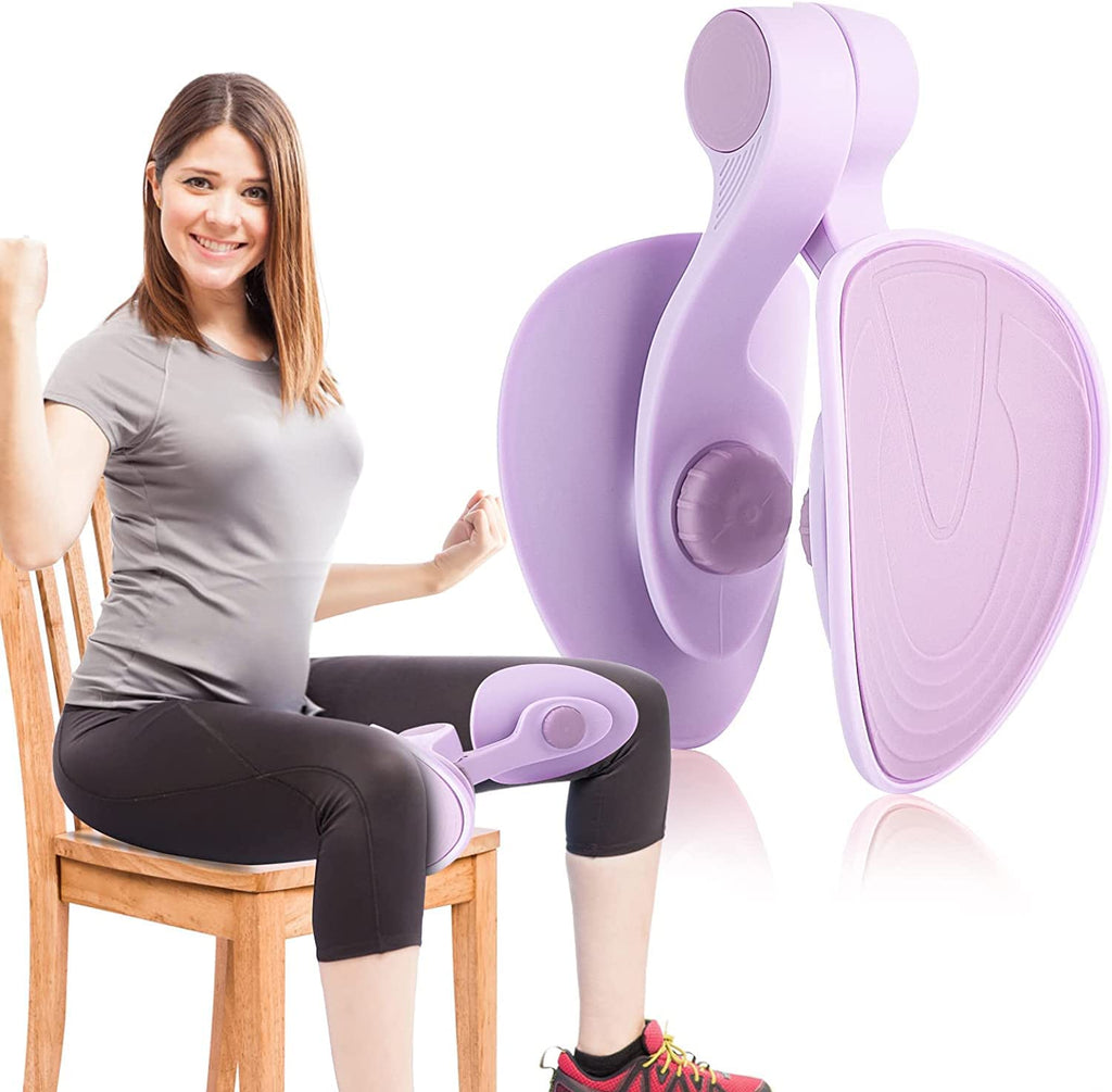Woman using purple thigh exercise equipment on chair, fitness gear at IndianChic ecommerce site