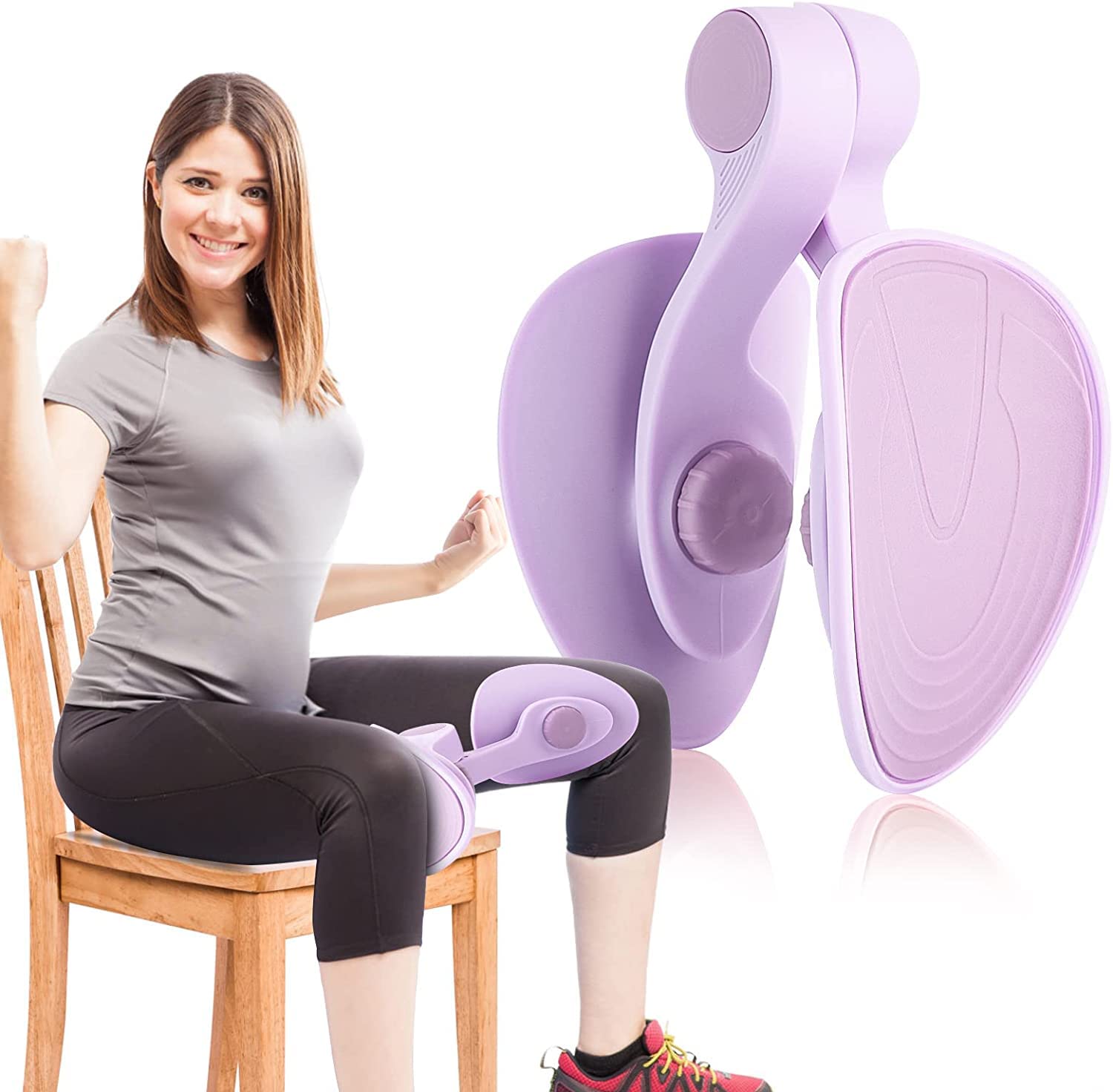 Woman using purple thigh exercise equipment on chair, fitness gear at IndianChic ecommerce site