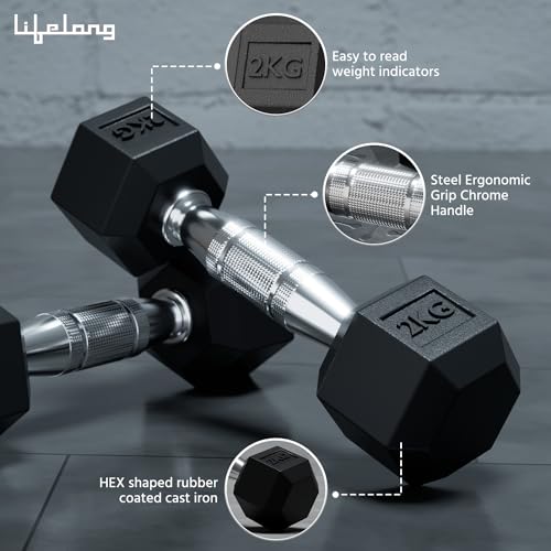 Lifelong PVC Hex Dumbbells Pack of 2 (5kg*2) Black Color for Home Gym Equipment Fitness Barbell|Gym Exercise|Home Workout, Gym Dumbbells|Dumbbells Weights for Men & Women (6 Months Warranty)