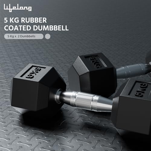 Lifelong PVC Hex Dumbbells Pack of 2 (5kg*2) Black Color for Home Gym Equipment Fitness Barbell|Gym Exercise|Home Workout, Gym Dumbbells|Dumbbells Weights for Men & Women (6 Months Warranty)