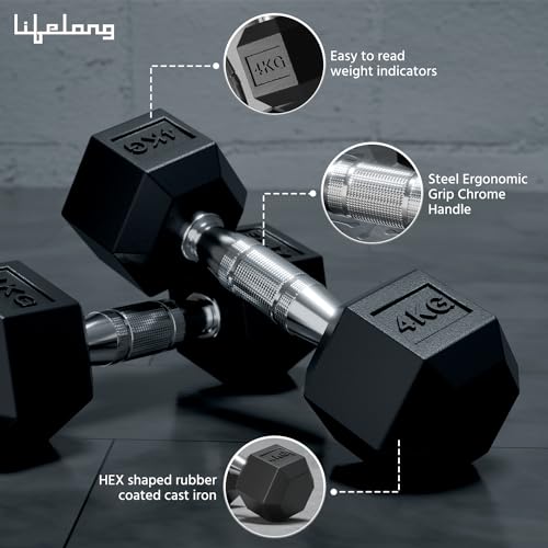 Lifelong PVC Hex Dumbbells Pack of 2 (5kg*2) Black Color for Home Gym Equipment Fitness Barbell|Gym Exercise|Home Workout, Gym Dumbbells|Dumbbells Weights for Men & Women (6 Months Warranty)