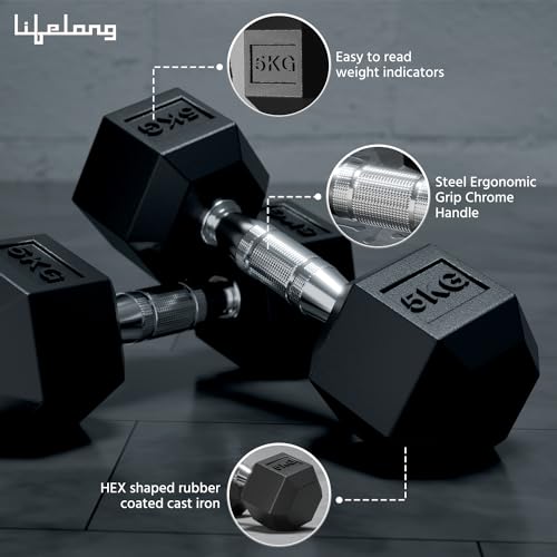 Lifelong PVC Hex Dumbbells Pack of 2 (5kg*2) Black Color for Home Gym Equipment Fitness Barbell|Gym Exercise|Home Workout, Gym Dumbbells|Dumbbells Weights for Men & Women (6 Months Warranty)