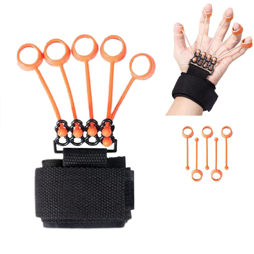 Hand exercise resistance band device for finger strength, orange bands, black wrist strap