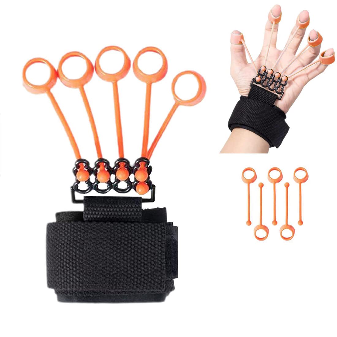 Hand exercise resistance band device for finger strength, orange bands, black wrist strap