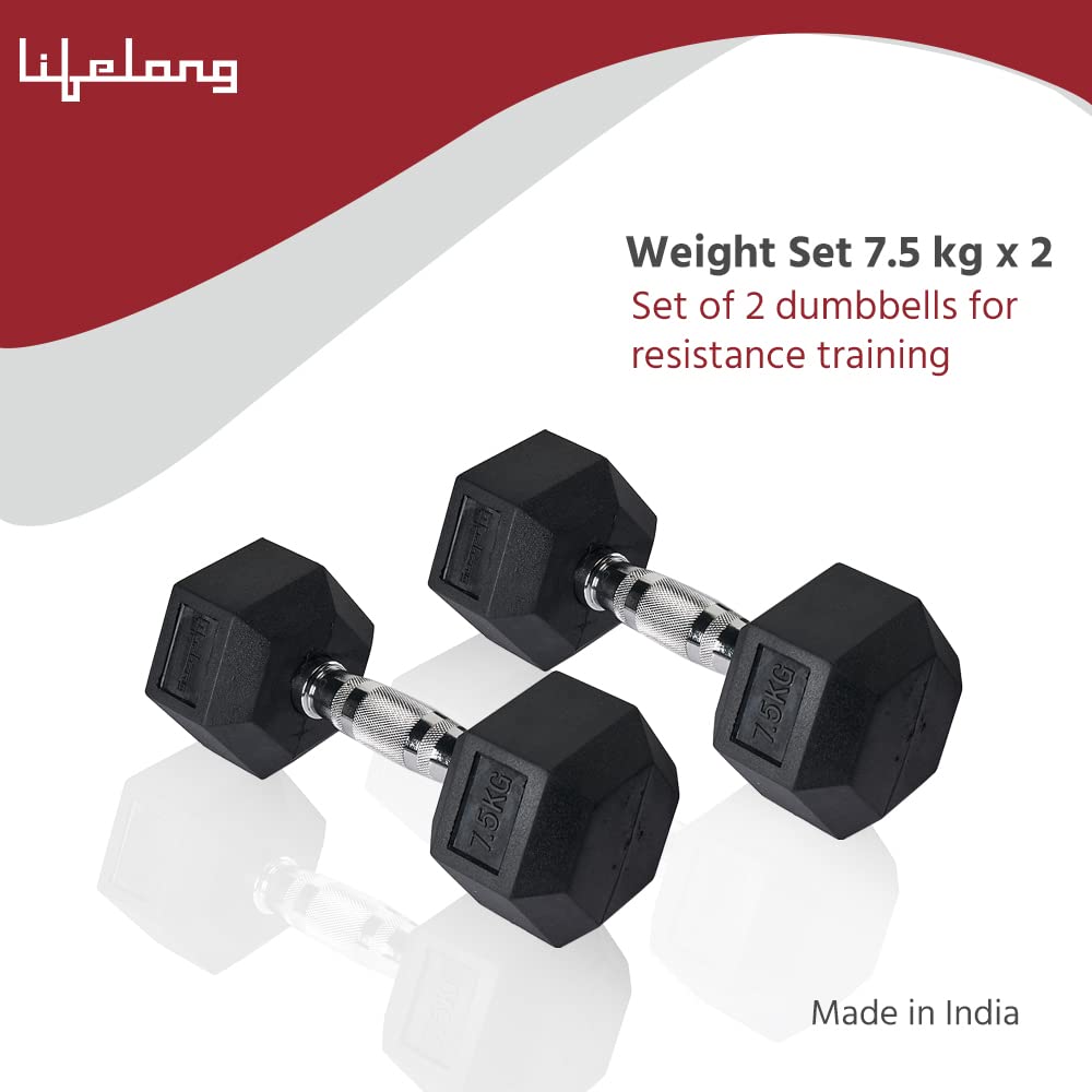 Lifelong PVC Hex Dumbbells Pack of 2 (5kg*2) Black Color for Home Gym Equipment Fitness Barbell|Gym Exercise|Home Workout, Gym Dumbbells|Dumbbells Weights for Men & Women (6 Months Warranty)