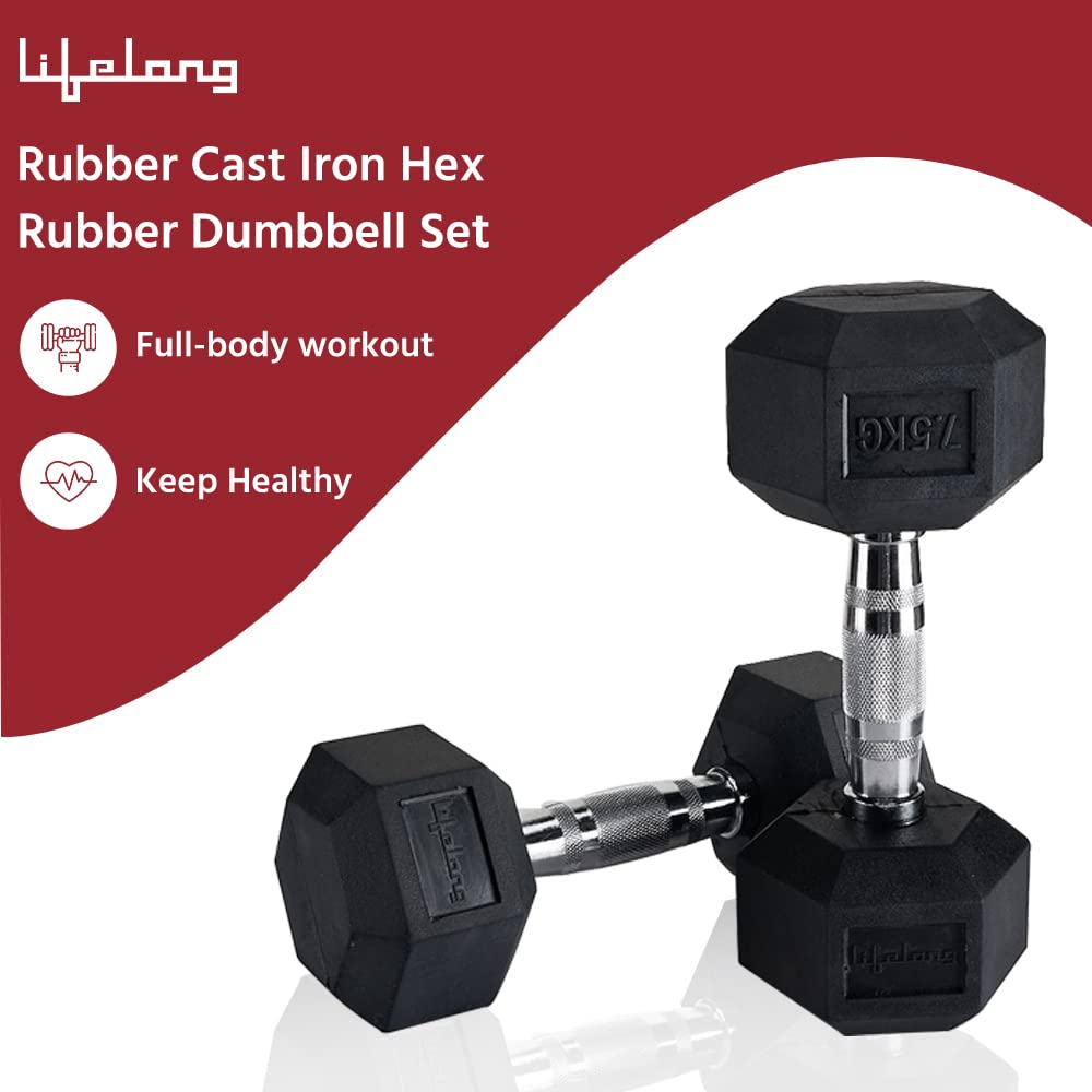 Lifelong PVC Hex Dumbbells Pack of 2 (5kg*2) Black Color for Home Gym Equipment Fitness Barbell|Gym Exercise|Home Workout, Gym Dumbbells|Dumbbells Weights for Men & Women (6 Months Warranty)