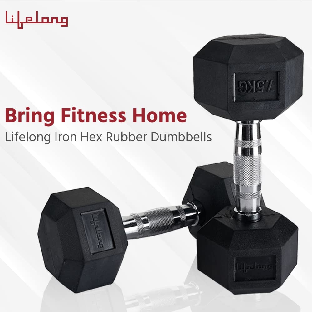 Lifelong PVC Hex Dumbbells Pack of 2 (5kg*2) Black Color for Home Gym Equipment Fitness Barbell|Gym Exercise|Home Workout, Gym Dumbbells|Dumbbells Weights for Men & Women (6 Months Warranty)