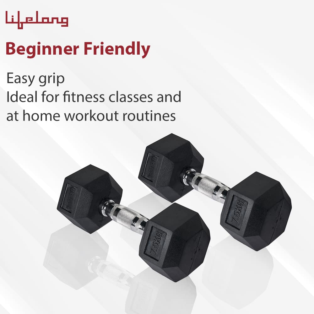 Lifelong PVC Hex Dumbbells Pack of 2 (5kg*2) Black Color for Home Gym Equipment Fitness Barbell|Gym Exercise|Home Workout, Gym Dumbbells|Dumbbells Weights for Men & Women (6 Months Warranty)