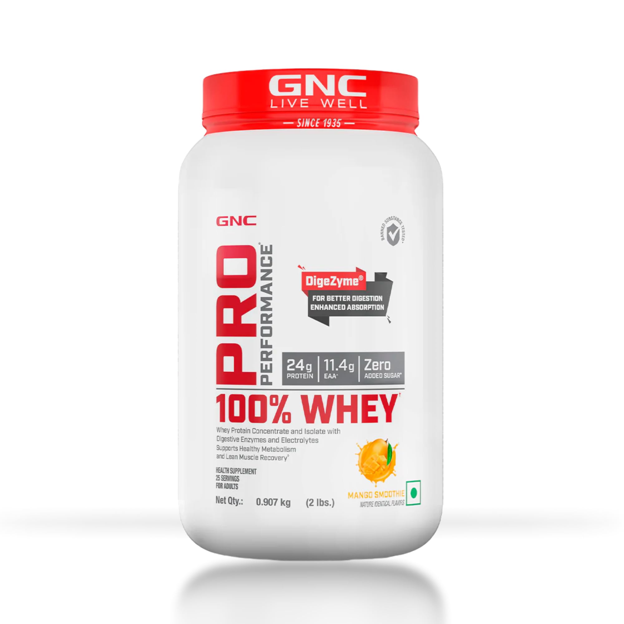 GNC Pro Performance 100% Whey Protein | 2 lbs | Muscle Growth | Muscle Recovery | DigeZyme® For Easy Digestion | Informed Choice Certified | 24g Protein | 5.5g BCAA | Chocolate Fudge | 907 gm