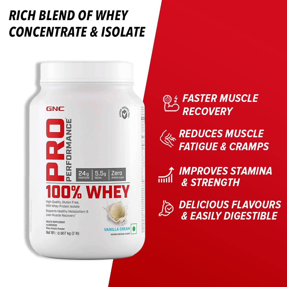 GNC Pro Performance 100% Whey Protein | 2 lbs | Muscle Growth | Muscle Recovery | DigeZyme® For Easy Digestion | Informed Choice Certified | 24g Protein | 5.5g BCAA | Chocolate Fudge | 907 gm