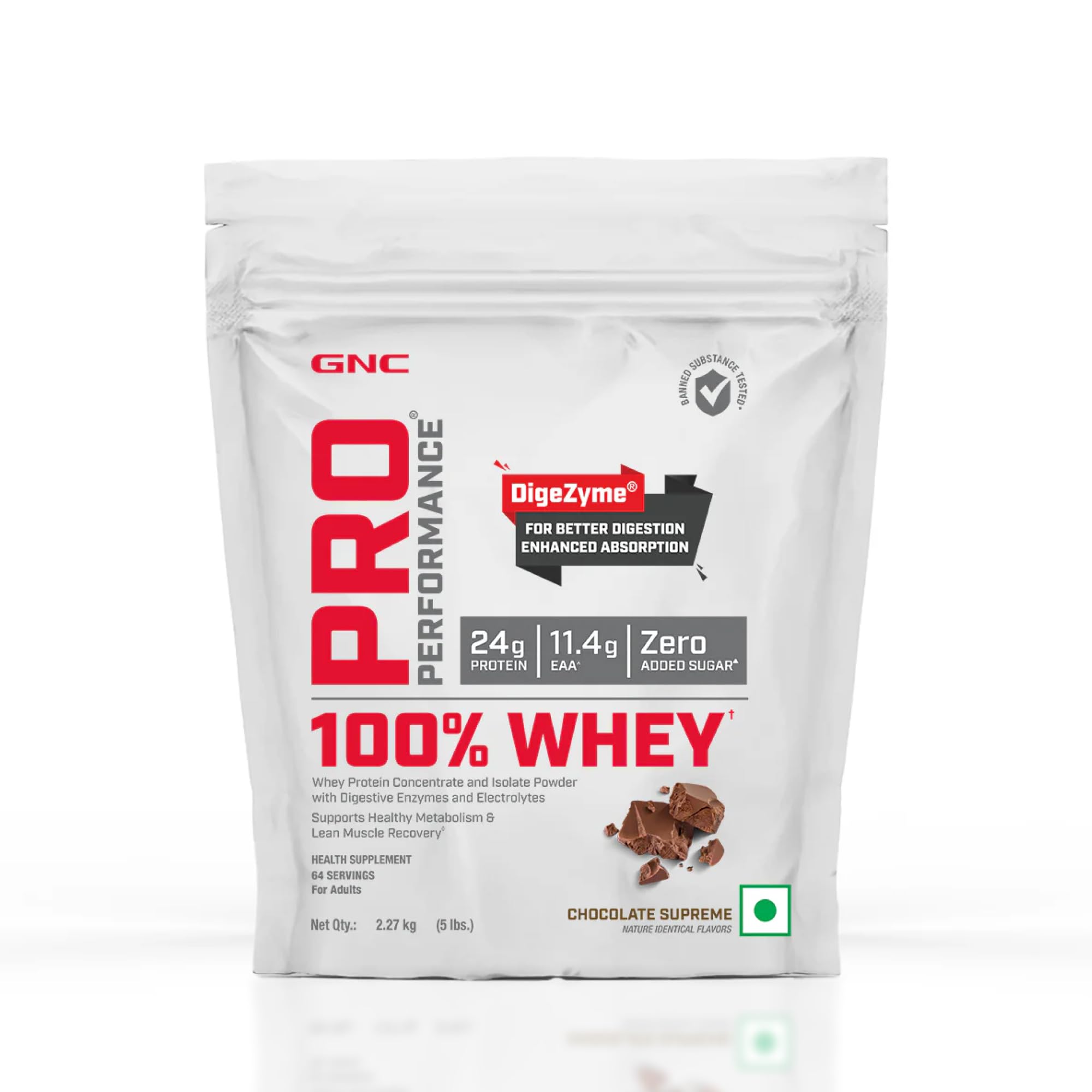 GNC Pro Performance 100% Whey Protein | 2 lbs | Muscle Growth | Muscle Recovery | DigeZyme® For Easy Digestion | Informed Choice Certified | 24g Protein | 5.5g BCAA | Chocolate Fudge | 907 gm