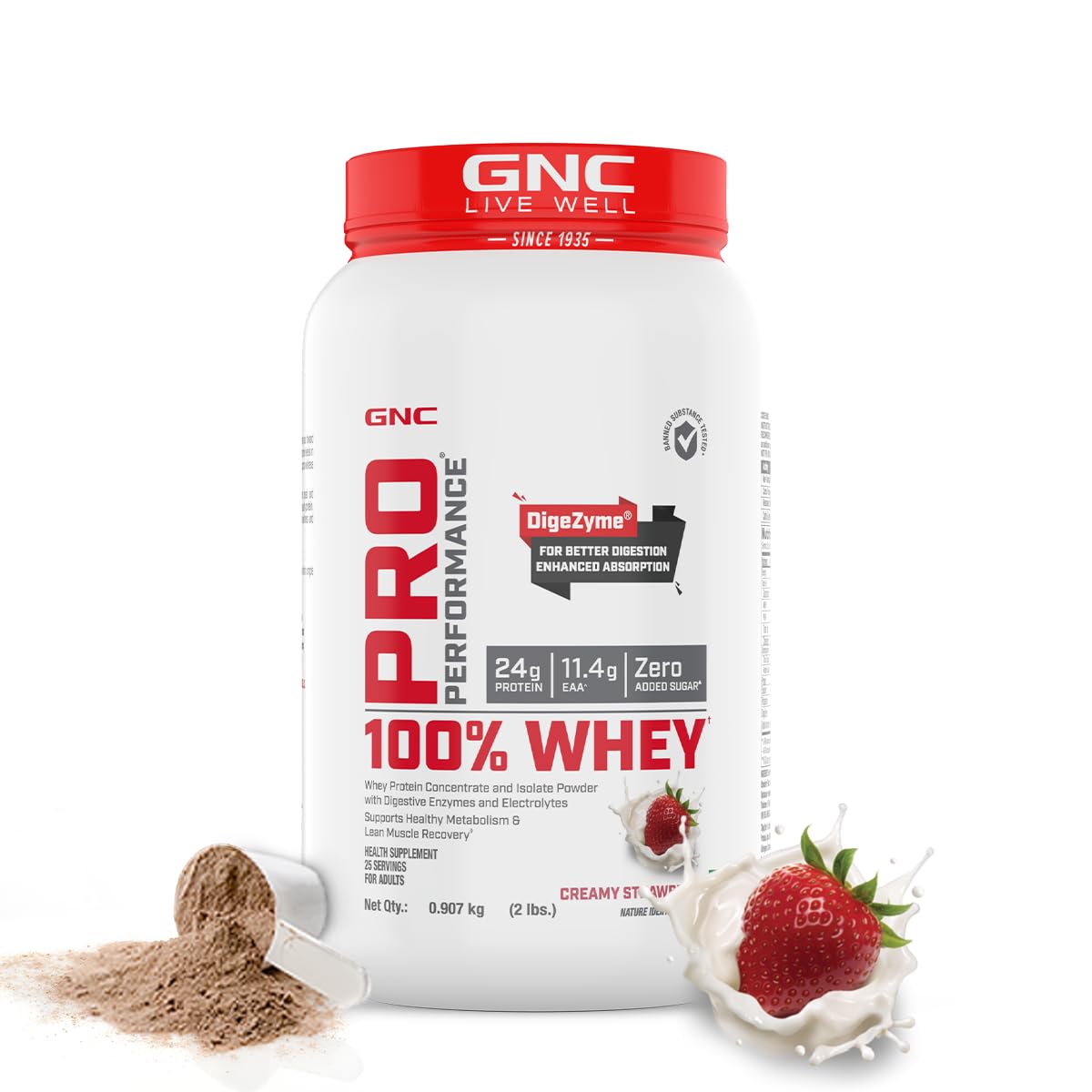 GNC Pro Performance 100% Whey Protein | 2 lbs | Muscle Growth | Muscle Recovery | DigeZyme® For Easy Digestion | Informed Choice Certified | 24g Protein | 5.5g BCAA | Chocolate Fudge | 907 gm