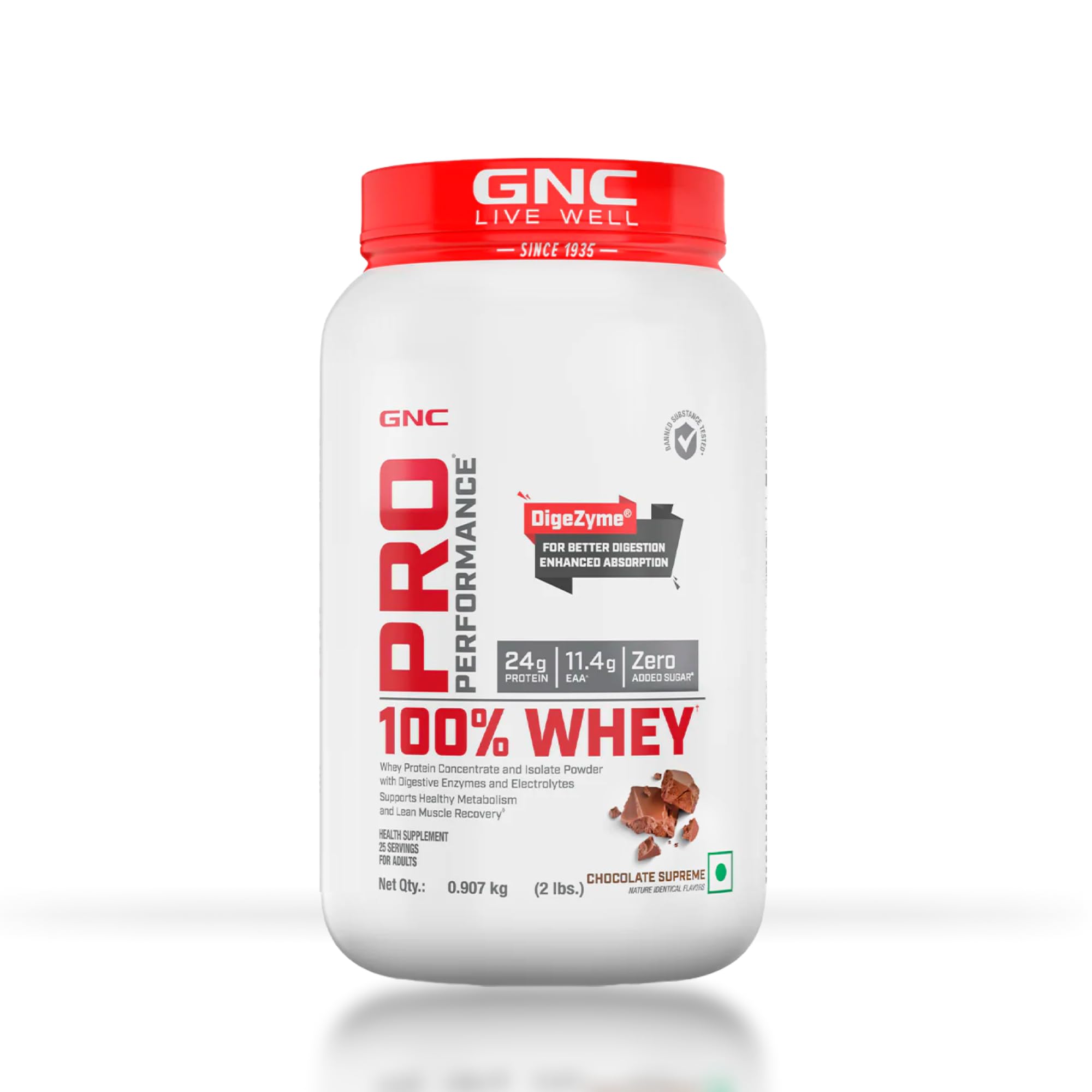 GNC Pro Performance 100% Whey Protein | 2 lbs | Muscle Growth | Muscle Recovery | DigeZyme® For Easy Digestion | Informed Choice Certified | 24g Protein | 5.5g BCAA | Chocolate Fudge | 907 gm