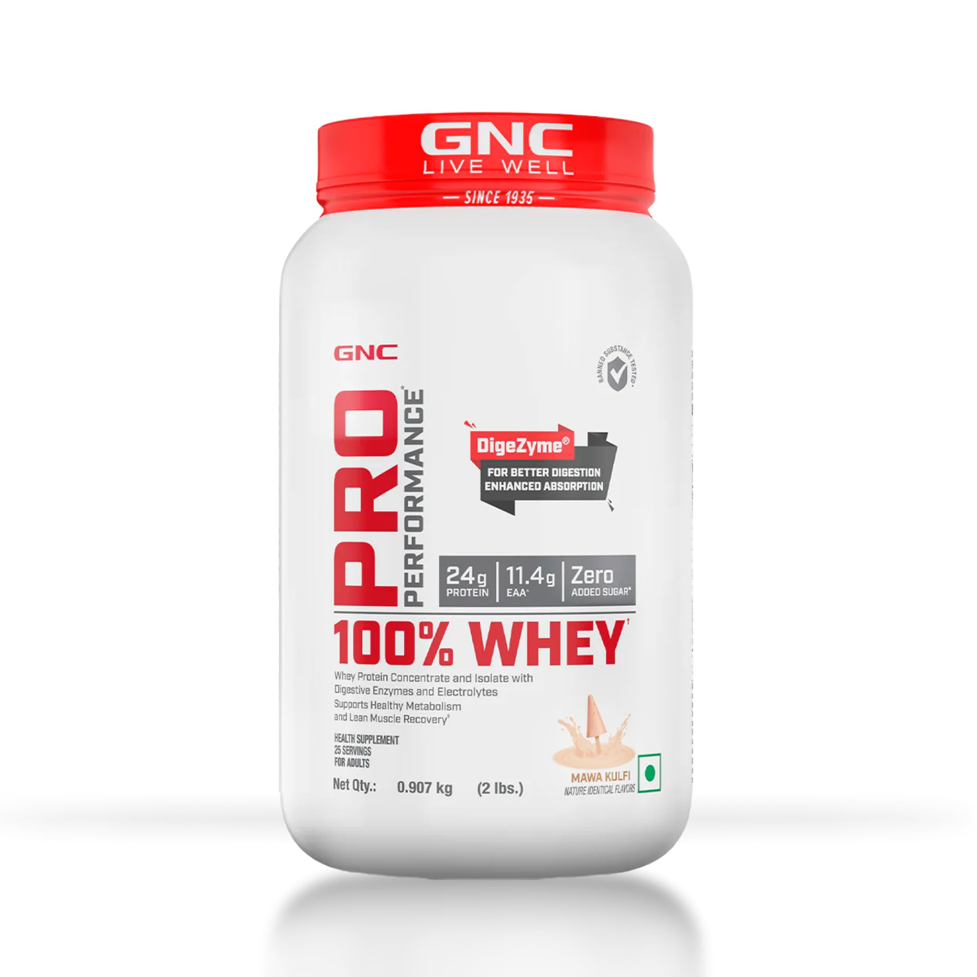 GNC Pro Performance 100% Whey Protein | 2 lbs | Muscle Growth | Muscle Recovery | DigeZyme® For Easy Digestion | Informed Choice Certified | 24g Protein | 5.5g BCAA | Chocolate Fudge | 907 gm