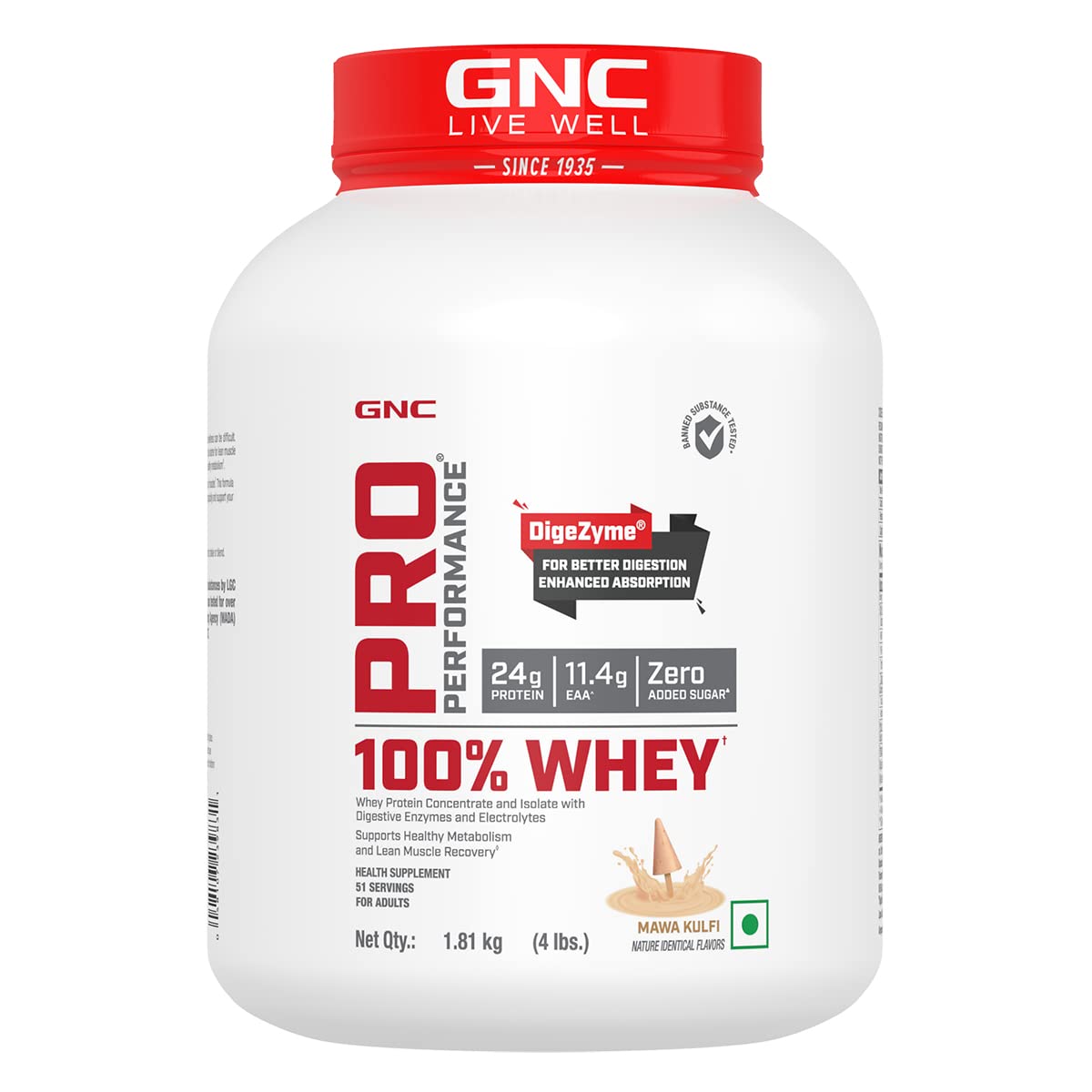 GNC Pro Performance 100% Whey Protein | 2 lbs | Muscle Growth | Muscle Recovery | DigeZyme® For Easy Digestion | Informed Choice Certified | 24g Protein | 5.5g BCAA | Chocolate Fudge | 907 gm