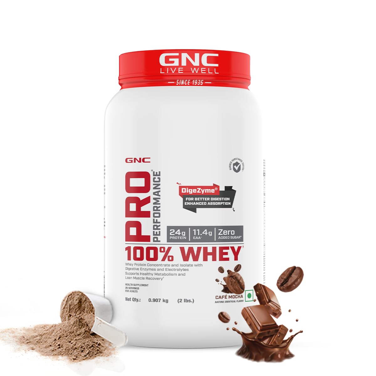 GNC Pro Performance 100% Whey Protein | 2 lbs | Muscle Growth | Muscle Recovery | DigeZyme® For Easy Digestion | Informed Choice Certified | 24g Protein | 5.5g BCAA | Chocolate Fudge | 907 gm