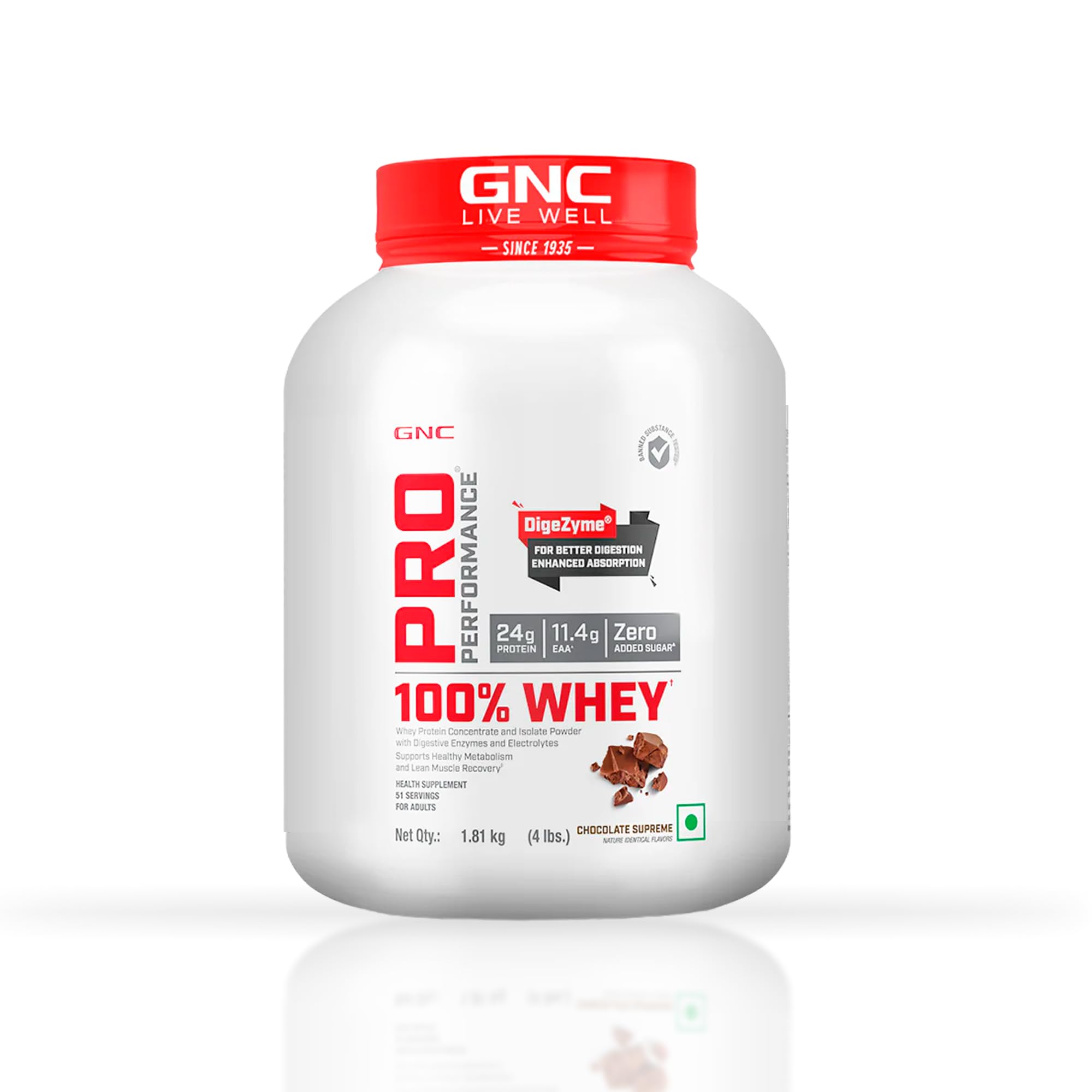 GNC Pro Performance 100% Whey Protein | 2 lbs | Muscle Growth | Muscle Recovery | DigeZyme® For Easy Digestion | Informed Choice Certified | 24g Protein | 5.5g BCAA | Chocolate Fudge | 907 gm