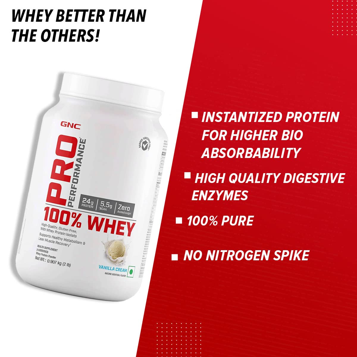 GNC Pro Performance 100% Whey Protein | 2 lbs | Muscle Growth | Muscle Recovery | DigeZyme® For Easy Digestion | Informed Choice Certified | 24g Protein | 5.5g BCAA | Chocolate Fudge | 907 gm