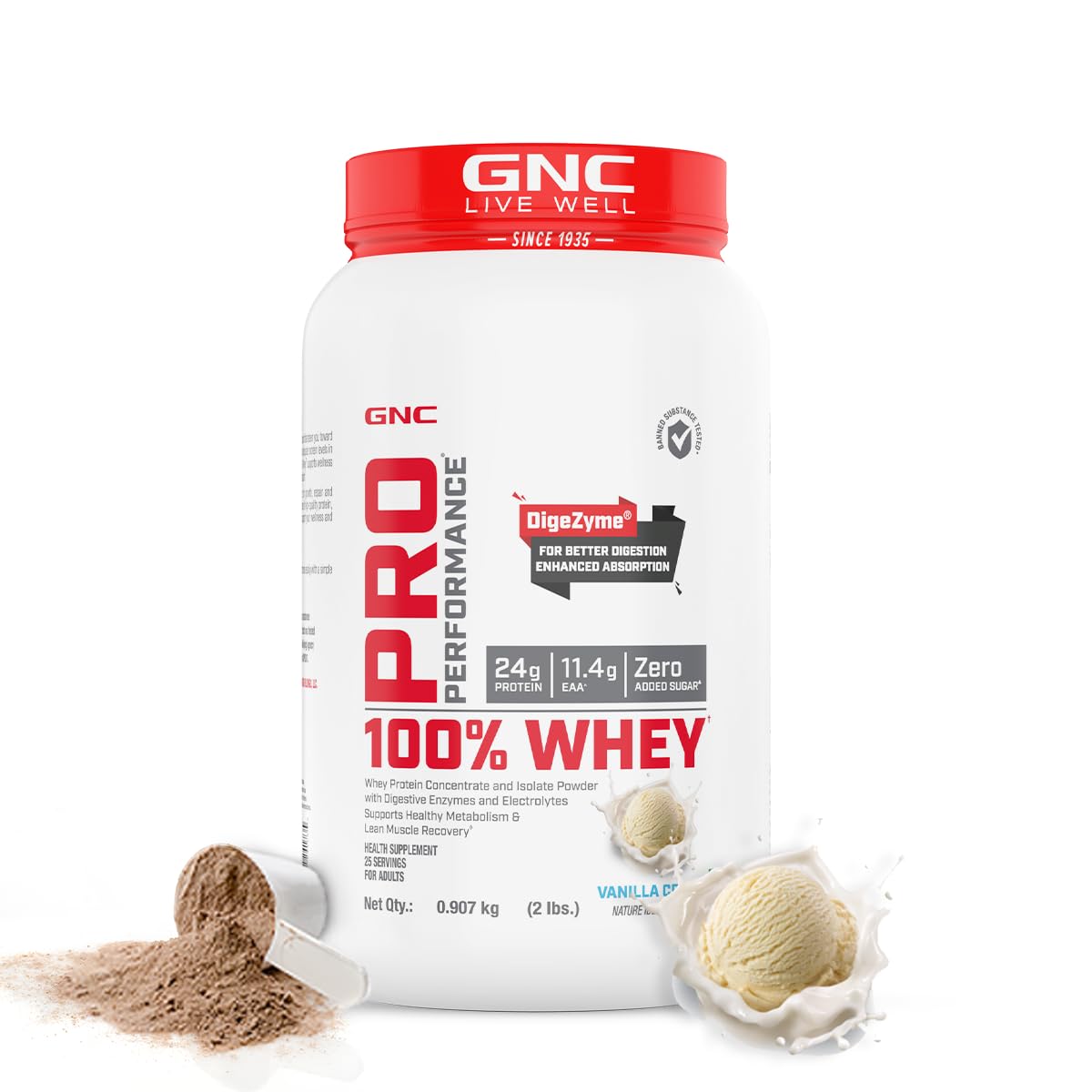 GNC Pro Performance 100% Whey Protein | 2 lbs | Muscle Growth | Muscle Recovery | DigeZyme® For Easy Digestion | Informed Choice Certified | 24g Protein | 5.5g BCAA | Chocolate Fudge | 907 gm
