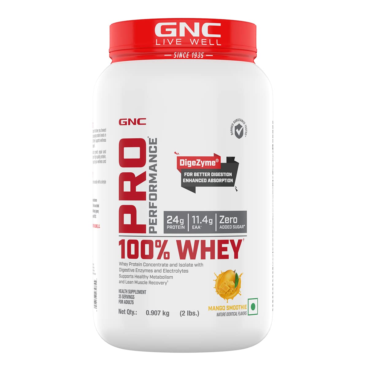 GNC Pro Performance 100% Whey Protein | 2 lbs | Muscle Growth | Muscle Recovery | DigeZyme® For Easy Digestion | Informed Choice Certified | 24g Protein | 5.5g BCAA | Chocolate Fudge | 907 gm