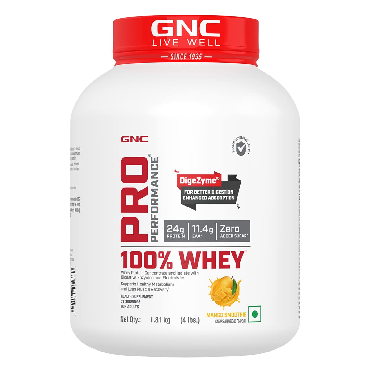 GNC Pro Performance 100% Whey Protein | 2 lbs | Muscle Growth | Muscle Recovery | DigeZyme® For Easy Digestion | Informed Choice Certified | 24g Protein | 5.5g BCAA | Chocolate Fudge | 907 gm
