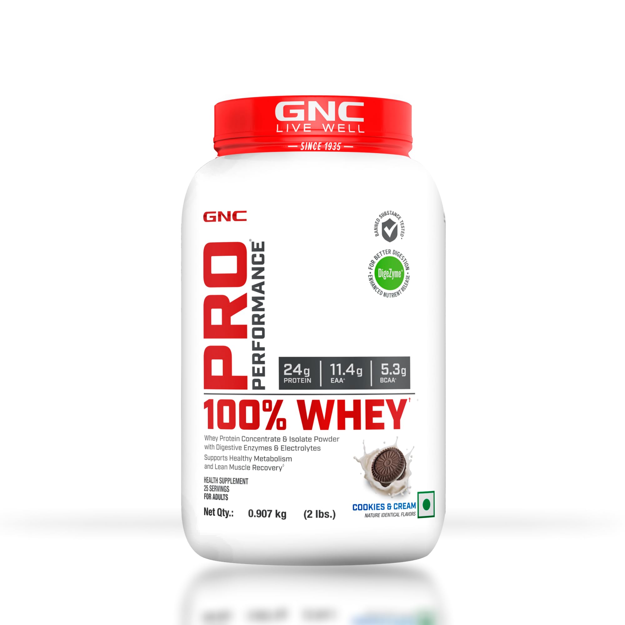 GNC Pro Performance 100% Whey Protein | 2 lbs | Muscle Growth | Muscle Recovery | DigeZyme® For Easy Digestion | Informed Choice Certified | 24g Protein | 5.5g BCAA | Chocolate Fudge | 907 gm
