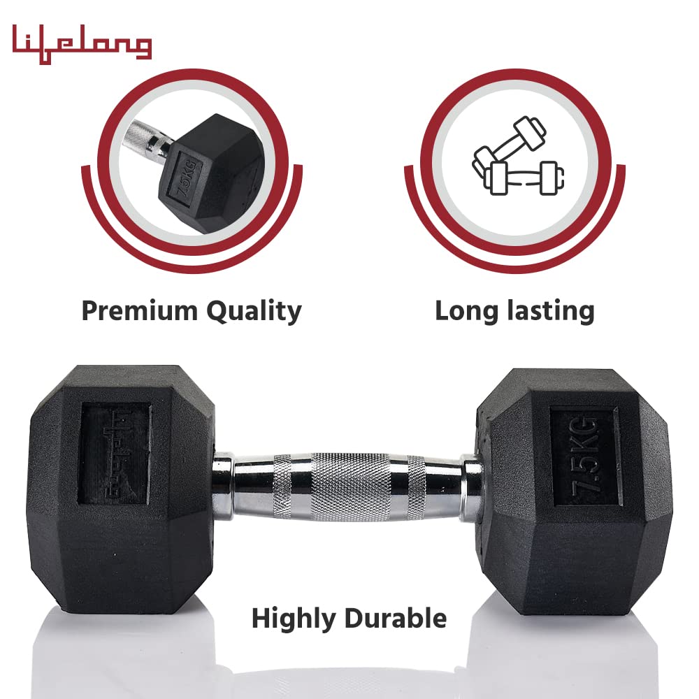 Lifelong PVC Hex Dumbbells Pack of 2 (5kg*2) Black Color for Home Gym Equipment Fitness Barbell|Gym Exercise|Home Workout, Gym Dumbbells|Dumbbells Weights for Men & Women (6 Months Warranty)