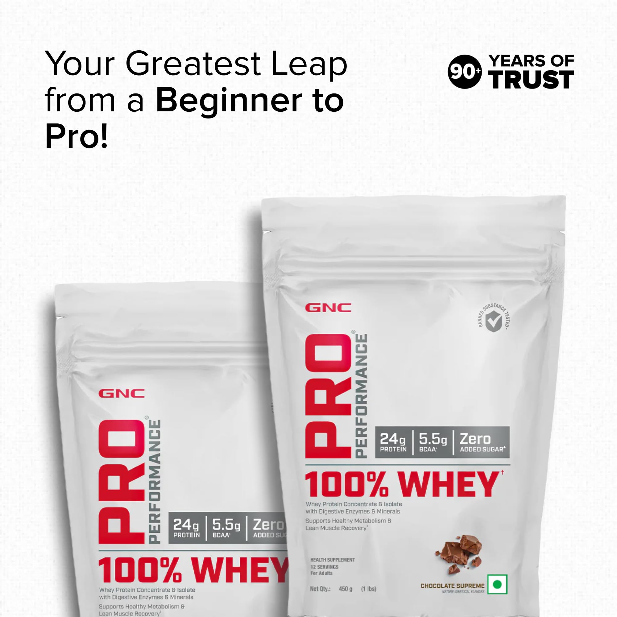 GNC Pro Performance 100% Whey Protein | 2 lbs | Muscle Growth | Muscle Recovery | DigeZyme® For Easy Digestion | Informed Choice Certified | 24g Protein | 5.5g BCAA | Chocolate Fudge | 907 gm