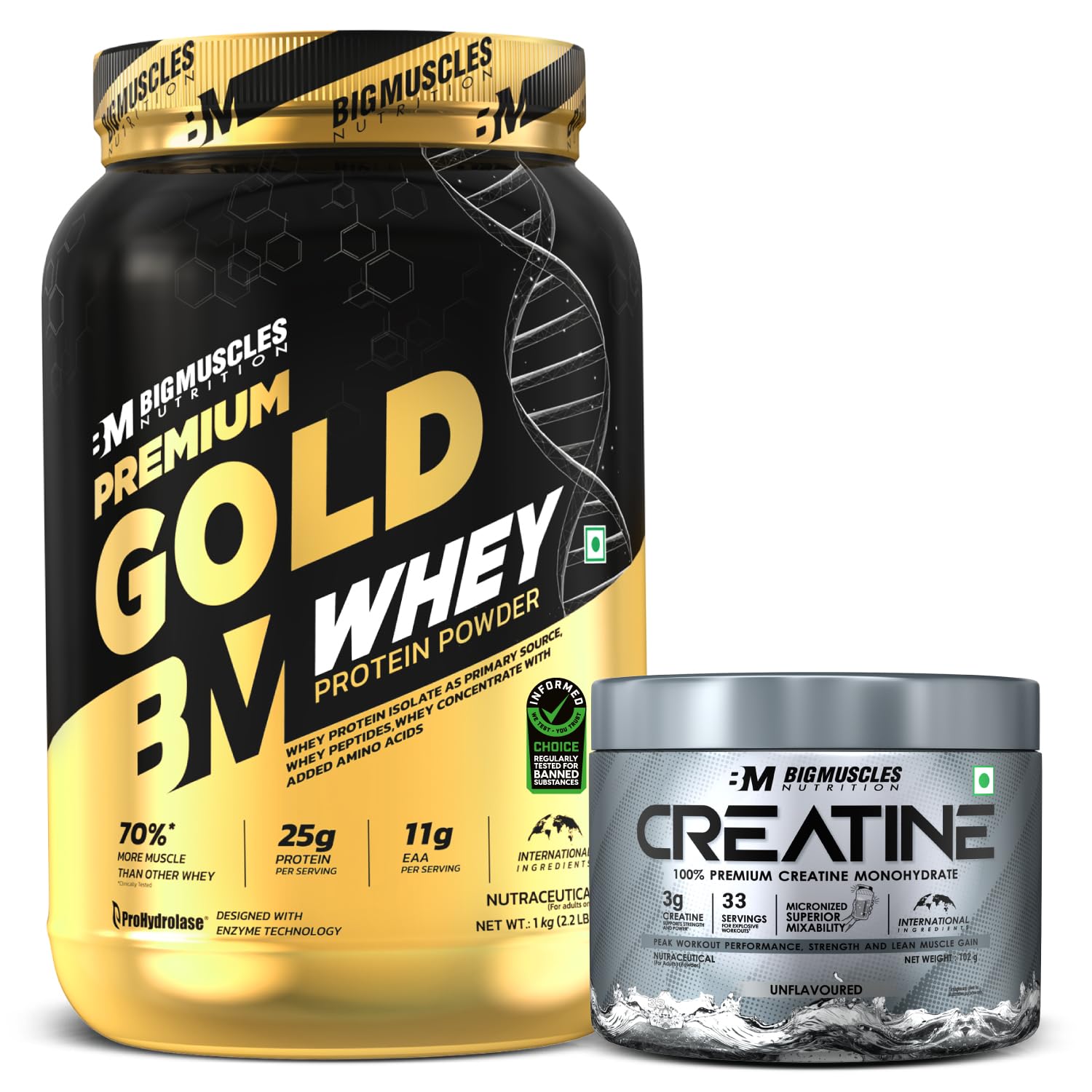 Bigmuscles Nutrition Premium Gold Whey [1Kg] | Informed Choice UK Certified | Isolate Whey Protein Blend | 25g Protein | 11g EAA | ProHydrolase Enzyme Technology [Chocolate]