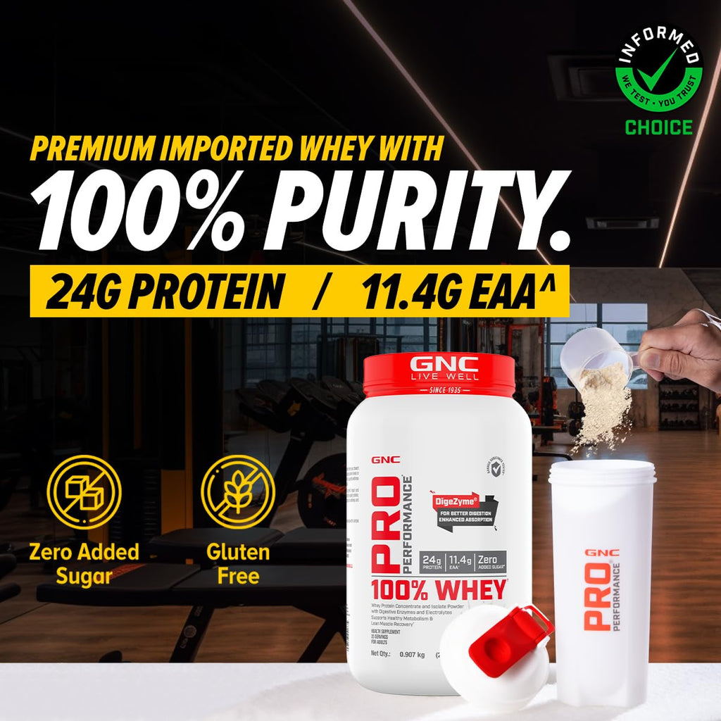 GNC Pro Performance 100% Whey Protein | 2 lbs | Muscle Growth | Muscle Recovery | DigeZyme® For Easy Digestion | Informed Choice Certified | 24g Protein | 5.5g BCAA | Chocolate Fudge | 907 gm