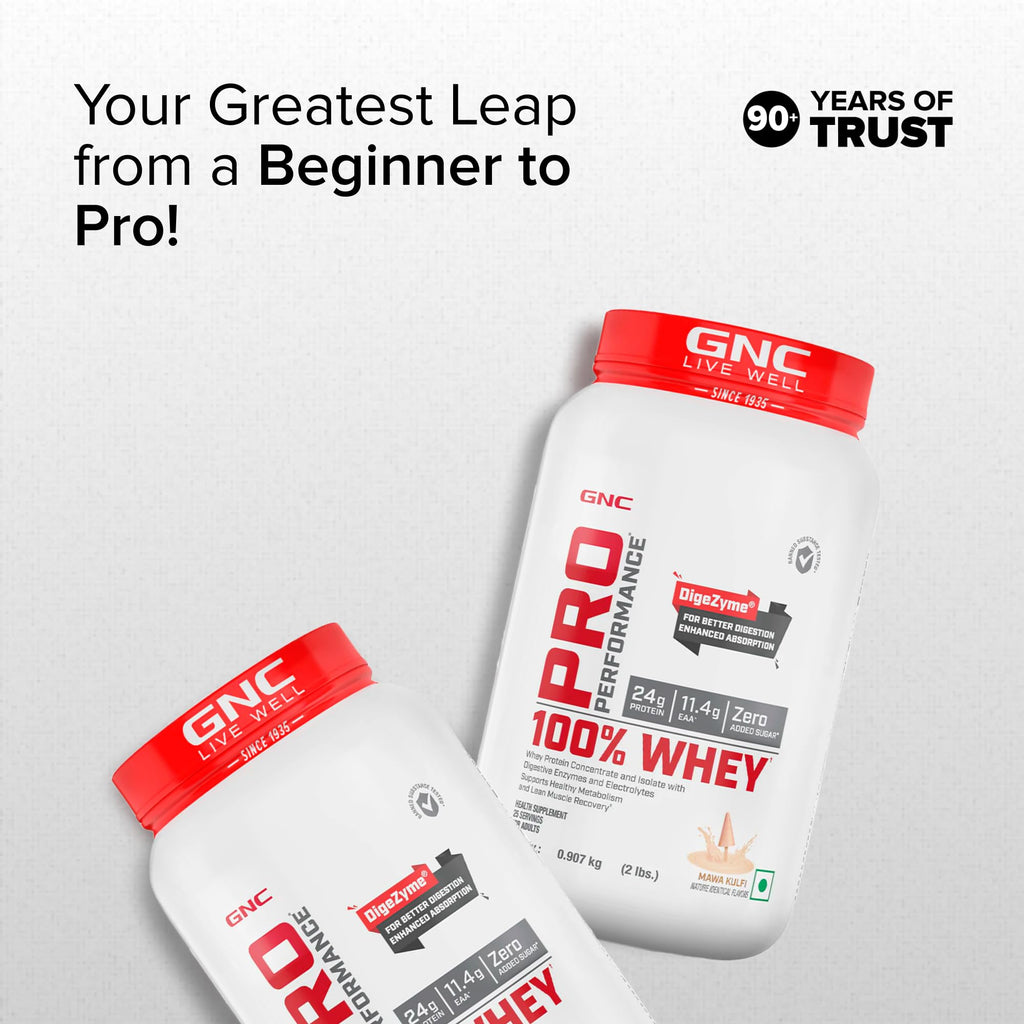 GNC Pro Performance 100% Whey Protein | 2 lbs | Muscle Growth | Muscle Recovery | DigeZyme® For Easy Digestion | Informed Choice Certified | 24g Protein | 5.5g BCAA | Chocolate Fudge | 907 gm
