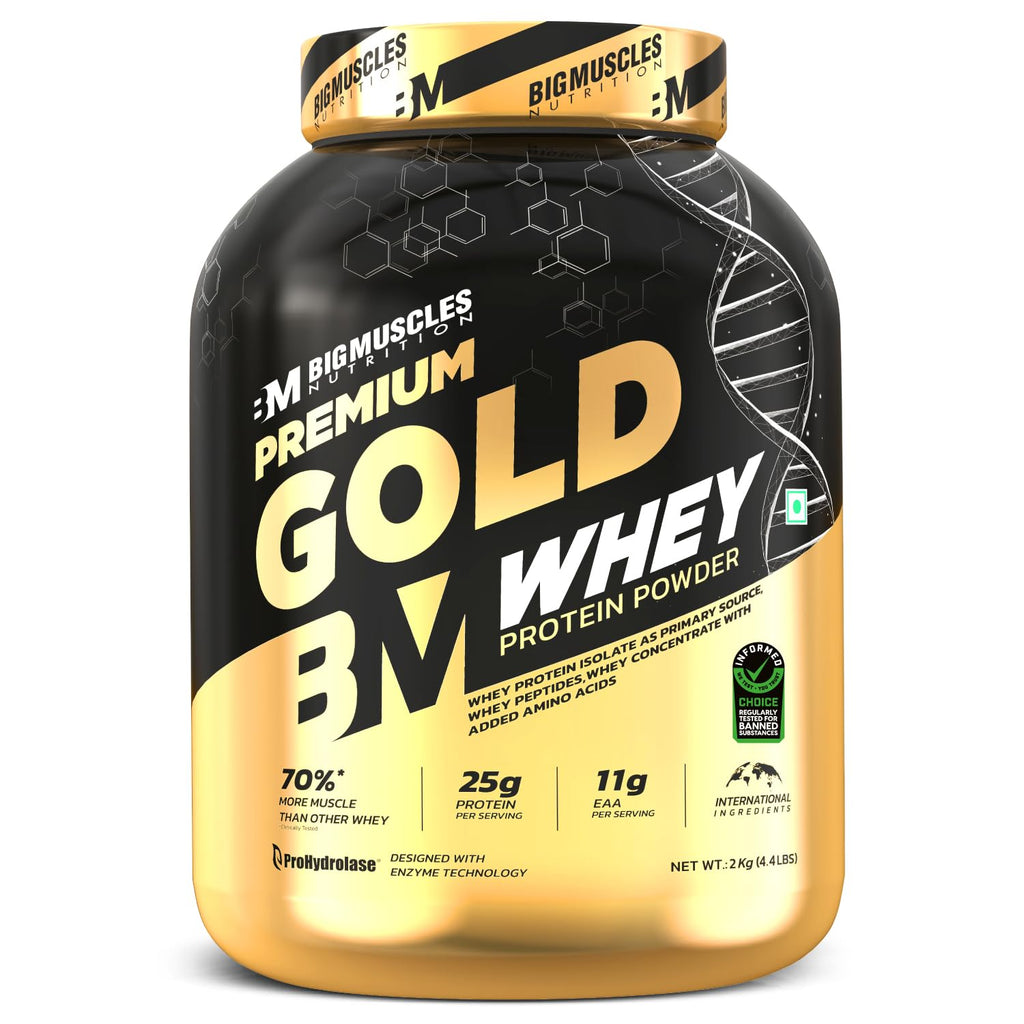 Bigmuscles Nutrition Premium Gold Whey [1Kg] | Informed Choice UK Certified | Isolate Whey Protein Blend | 25g Protein | 11g EAA | ProHydrolase Enzyme Technology [Chocolate]