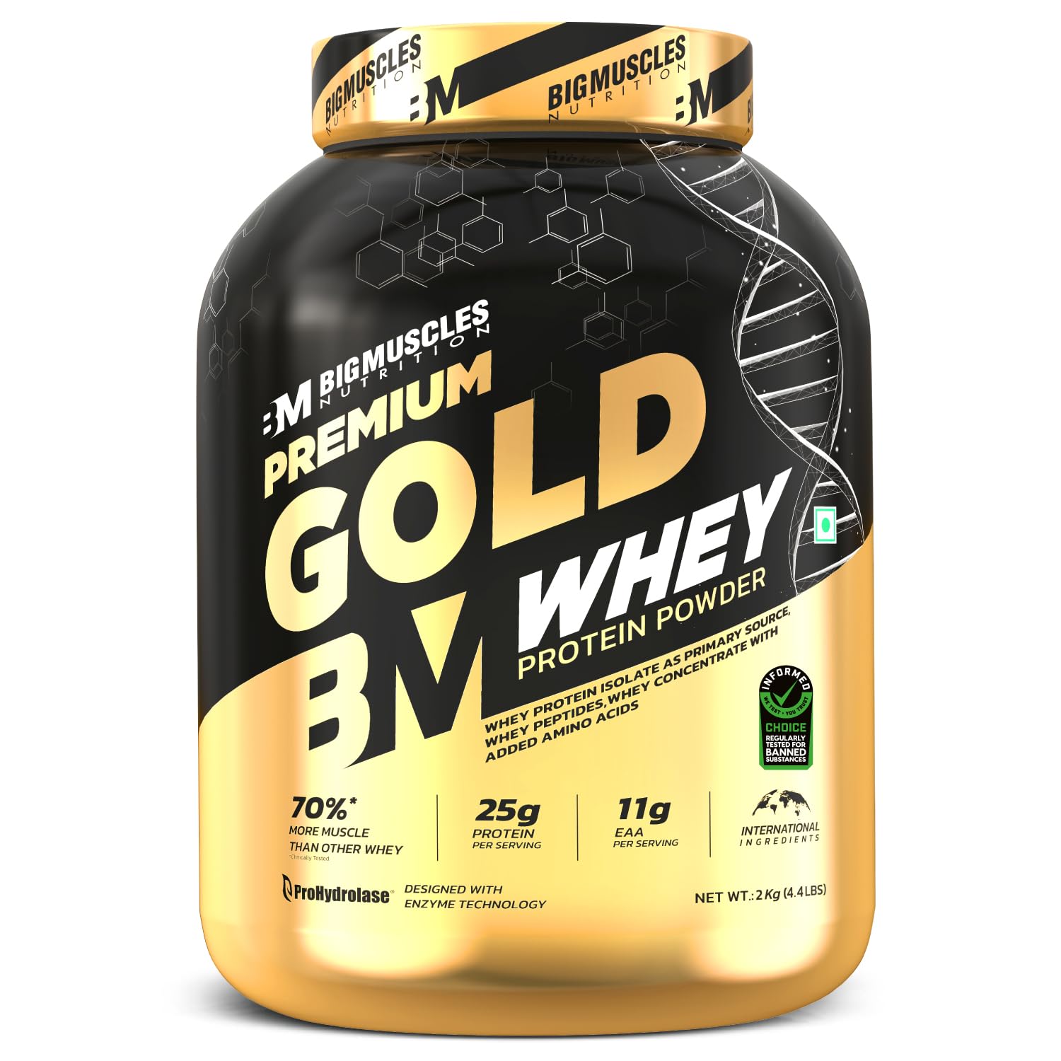 Bigmuscles Nutrition Premium Gold Whey [1Kg] | Informed Choice UK Certified | Isolate Whey Protein Blend | 25g Protein | 11g EAA | ProHydrolase Enzyme Technology [Chocolate]