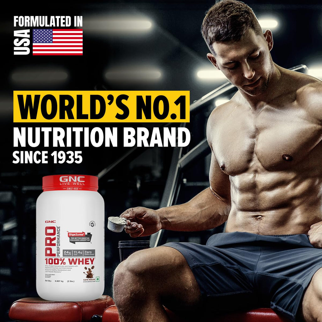 GNC Pro Performance 100% Whey Protein | 2 lbs | Muscle Growth | Muscle Recovery | DigeZyme® For Easy Digestion | Informed Choice Certified | 24g Protein | 5.5g BCAA | Chocolate Fudge | 907 gm