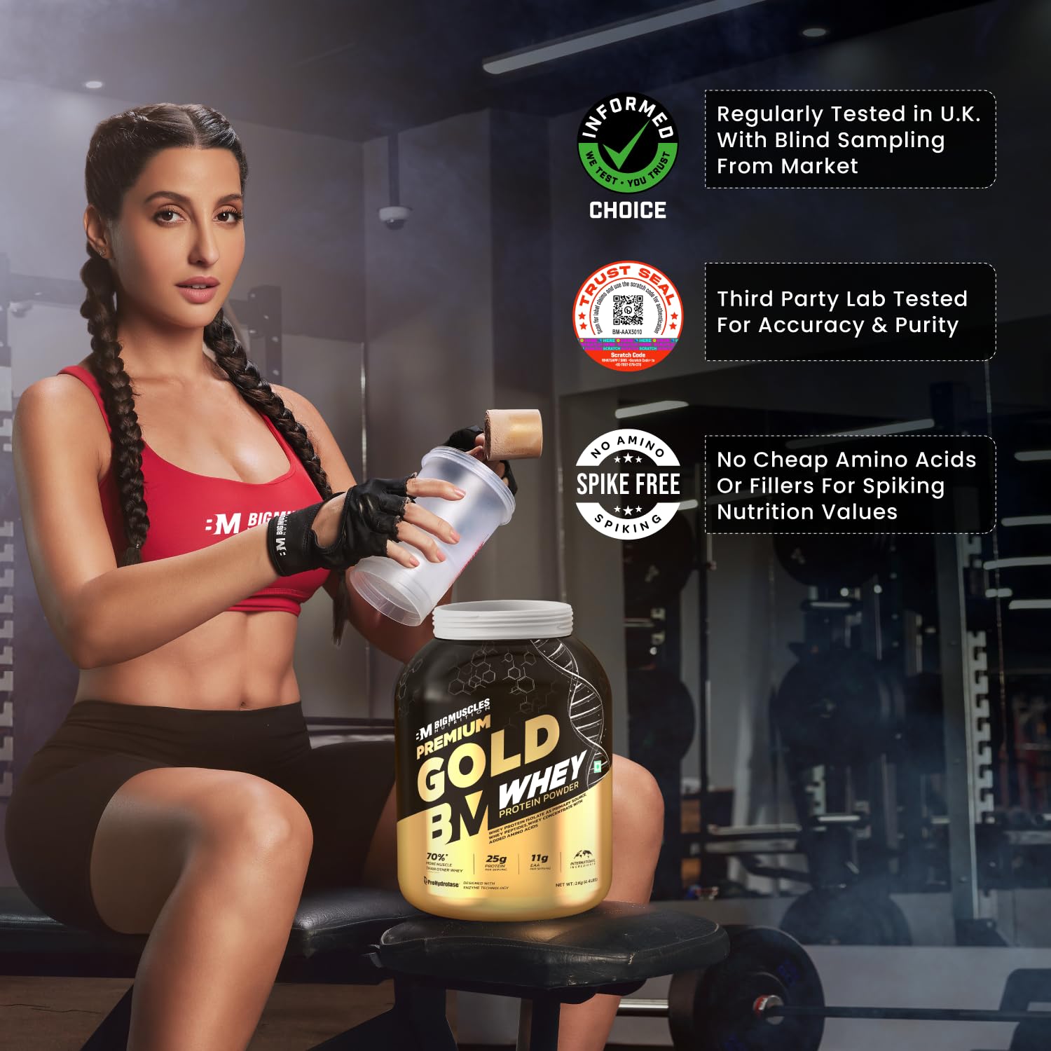 Bigmuscles Nutrition Premium Gold Whey [1Kg] | Informed Choice UK Certified | Isolate Whey Protein Blend | 25g Protein | 11g EAA | ProHydrolase Enzyme Technology [Chocolate]