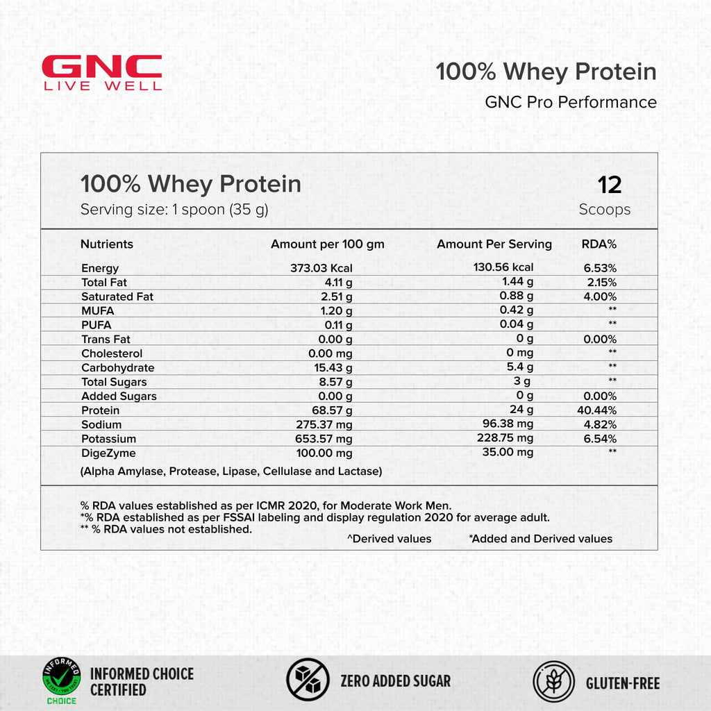 GNC Pro Performance 100% Whey Protein | 2 lbs | Muscle Growth | Muscle Recovery | DigeZyme® For Easy Digestion | Informed Choice Certified | 24g Protein | 5.5g BCAA | Chocolate Fudge | 907 gm