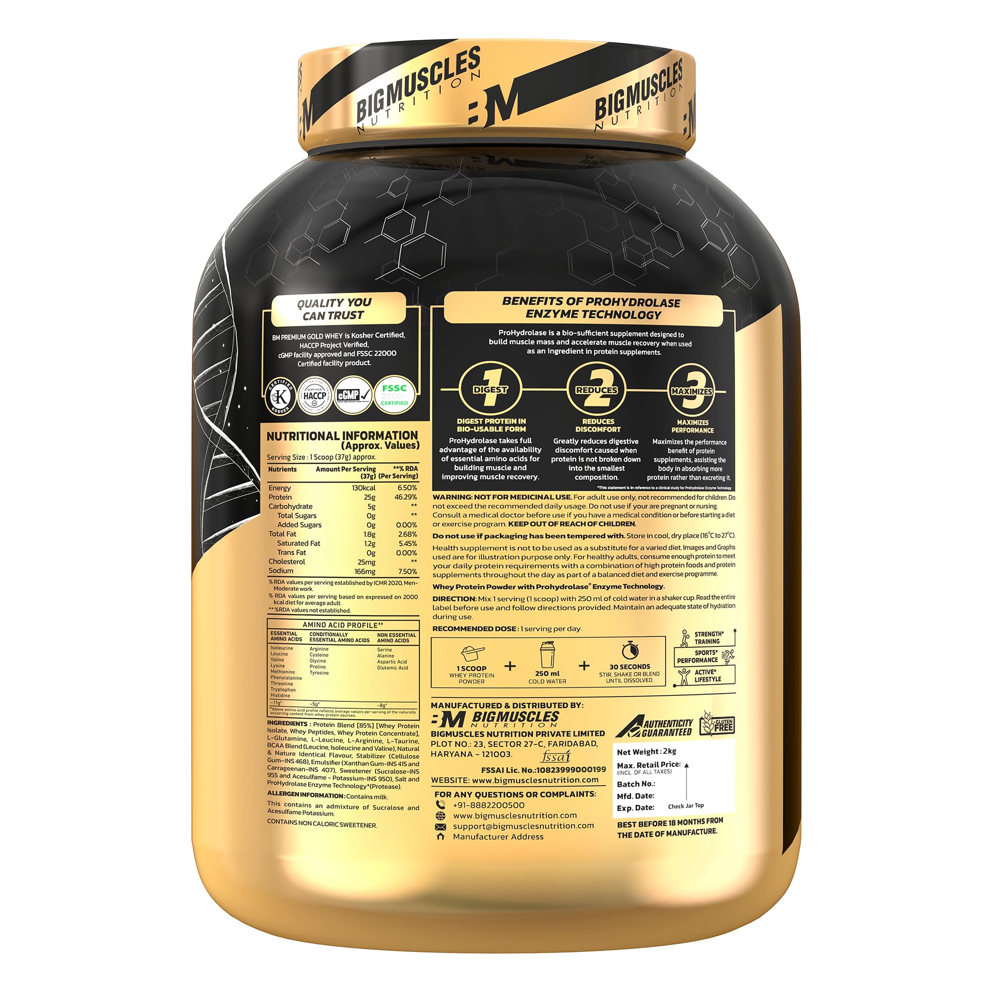 Bigmuscles Nutrition Premium Gold Whey [1Kg] | Informed Choice UK Certified | Isolate Whey Protein Blend | 25g Protein | 11g EAA | ProHydrolase Enzyme Technology [Chocolate]
