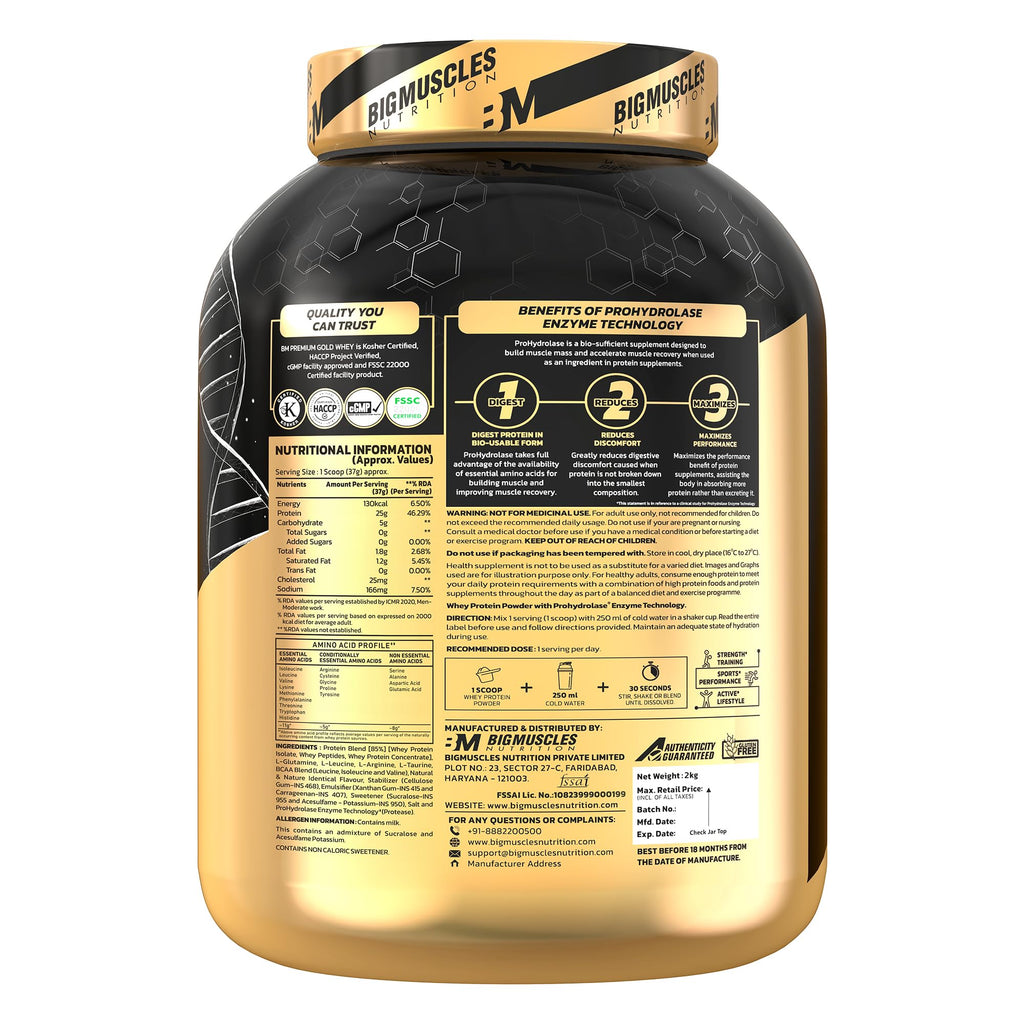 Bigmuscles Nutrition Premium Gold Whey [1Kg] | Informed Choice UK Certified | Isolate Whey Protein Blend | 25g Protein | 11g EAA | ProHydrolase Enzyme Technology [Chocolate]