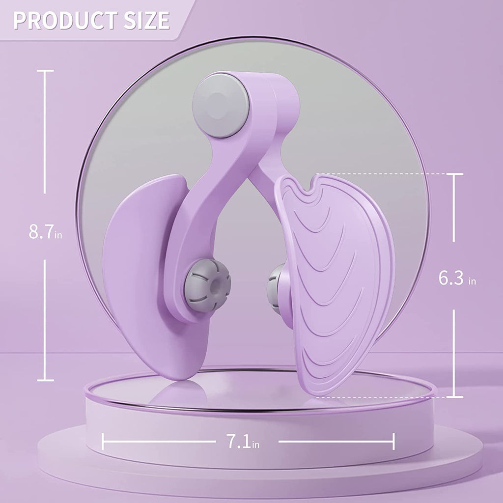 Purple fitness thigh trainer on round base, product size dimensions displayed, IndianChic.
