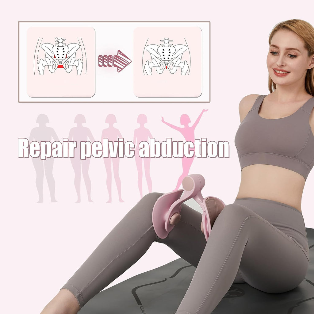 Woman using a pink pelvic muscle exerciser with 'repair pelvic abduction' text and pelvic diagrams
