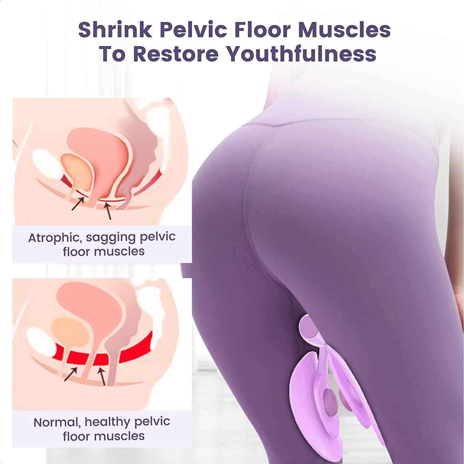 Pelvic floor muscle exerciser demonstration, woman in purple leggings, IndianChic wellness product