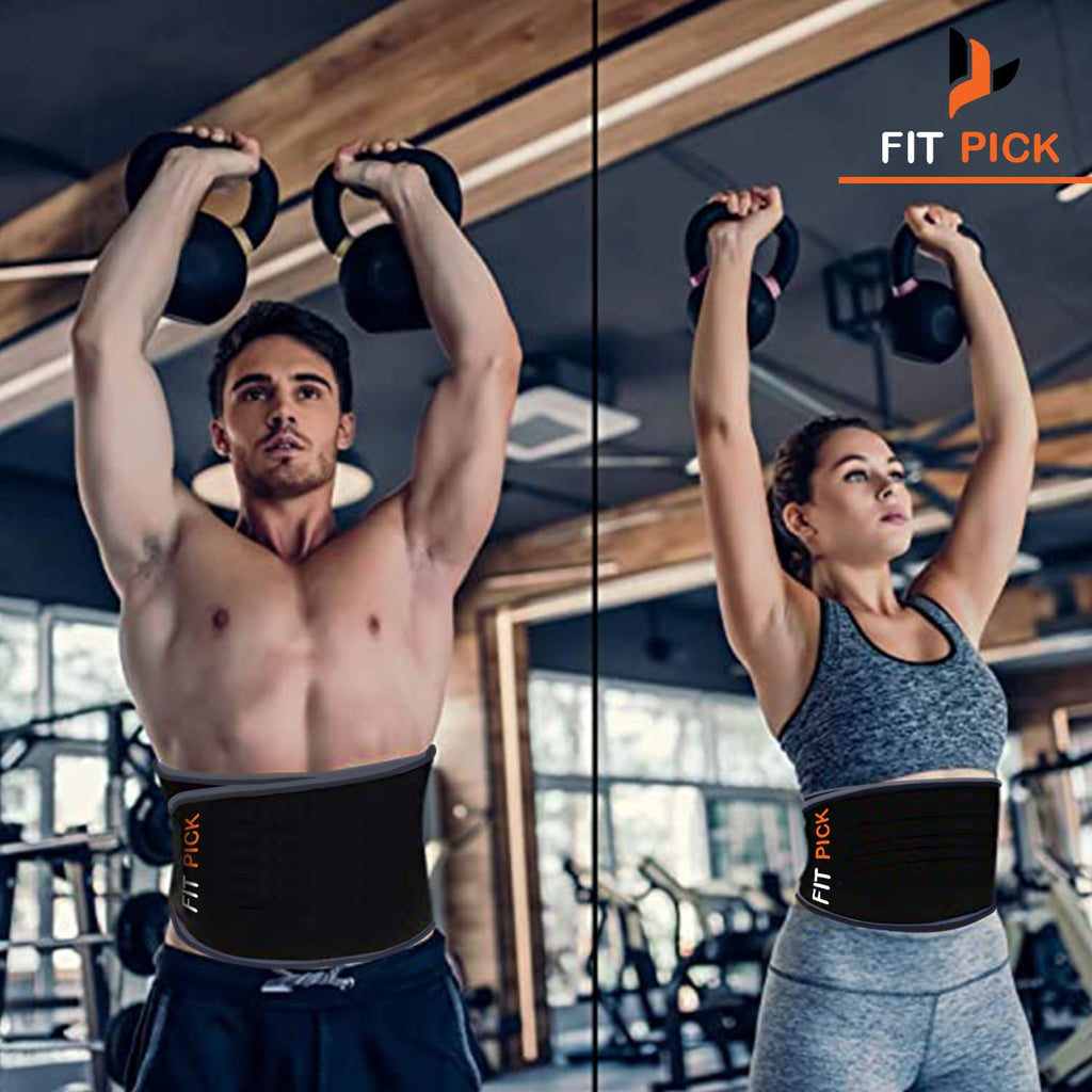 Man and woman at gym wearing Fit Pick waist trimmers while lifting kettlebells
