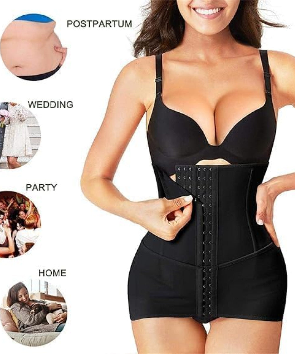 Woman wearing black seamless tummy belt shapewear with hook closure, ideal for postpartum, wedding, party, and home use on IndianChic ecommerce site.