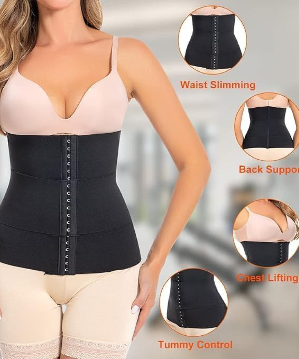 Woman modeling black shapewear tummy belt for waist slimming, back support, and tummy control